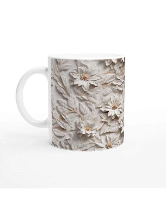 Beyaz Rölyef Çiçek Desenli Kupa Bardak