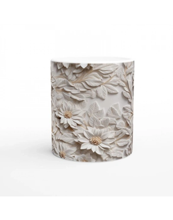 Beyaz Rölyef Çiçek Desenli Kupa Bardak