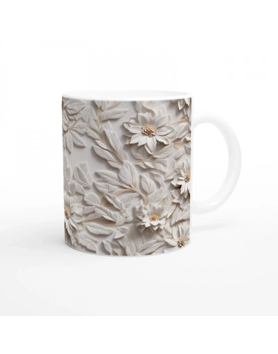 Beyaz Rölyef Çiçek Desenli Kupa Bardak