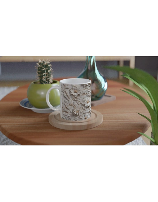 Beyaz Rölyef Çiçek Desenli Kupa Bardak