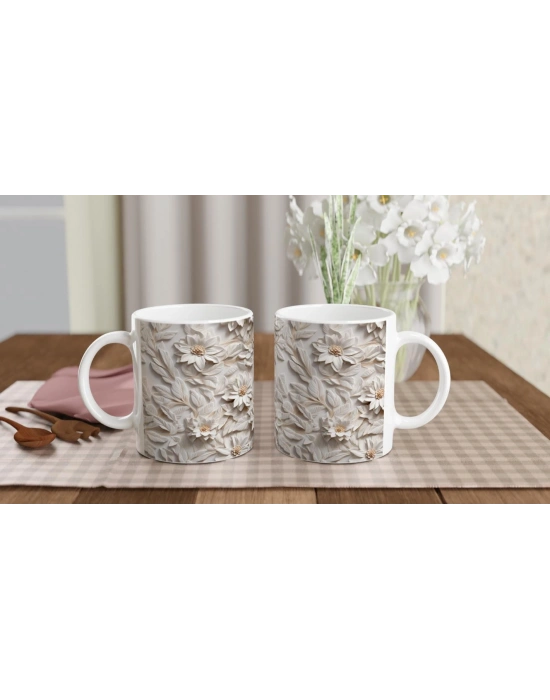 Beyaz Rölyef Çiçek Desenli Kupa Bardak