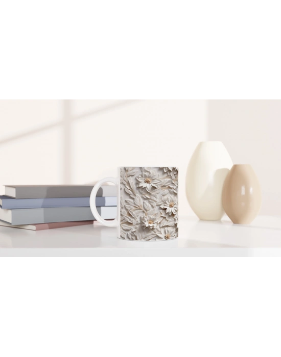 Beyaz Rölyef Çiçek Desenli Kupa Bardak