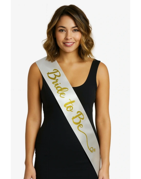 Beyaz Saten Üzerine El Yazısı İtalik Altın Bride To Be Kuşağı 10 Cm Genişlik