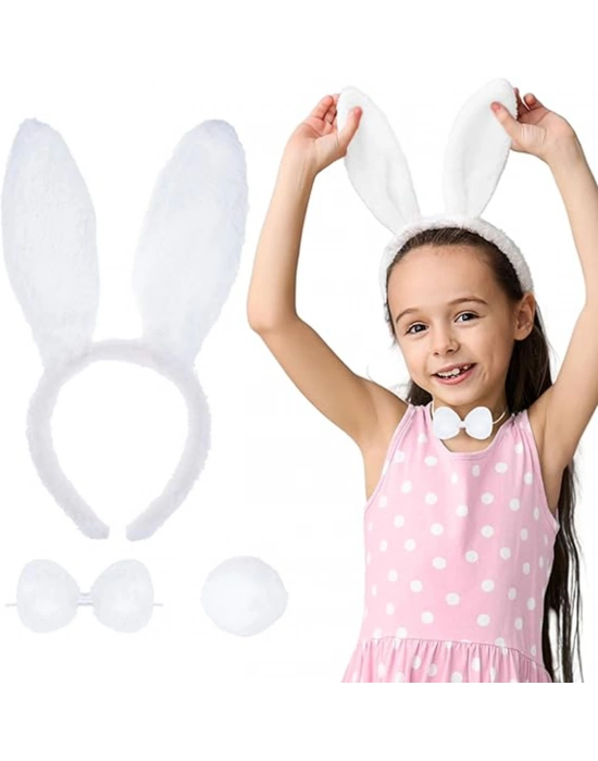 Beyaz Tavşan Kostüm Seti – Taç, Papyon, Kuyruk (12’li Paket)