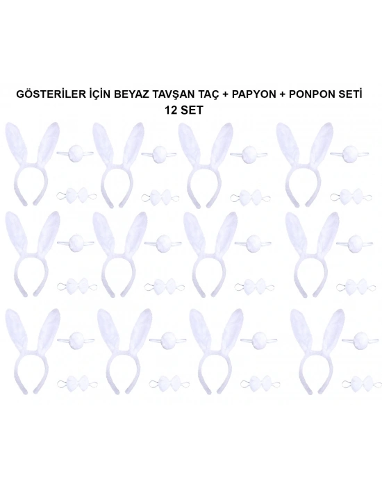 Beyaz Tavşan Kostüm Seti – Taç, Papyon, Kuyruk (12’li Paket)