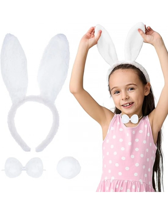 Beyaz Tavşan Kostüm Seti – Taç, Papyon, Kuyruk (12’li Paket)