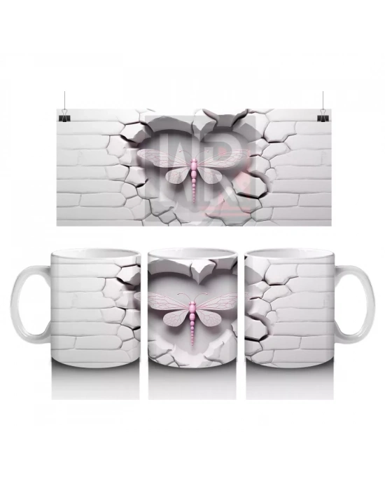 Beyaz Tuğla Üzerinde Pembe Yusufçuk – Baskılı Kahve Kupası