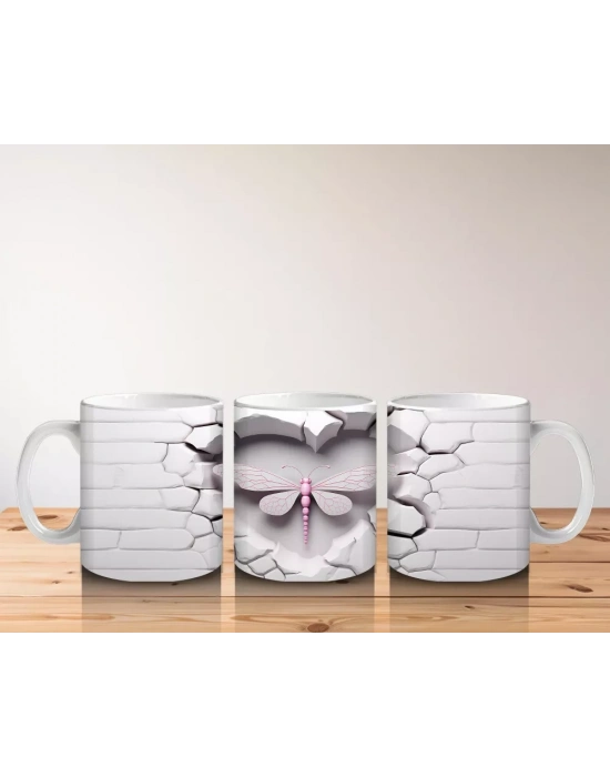 Beyaz Tuğla Üzerinde Pembe Yusufçuk – Baskılı Kahve Kupası