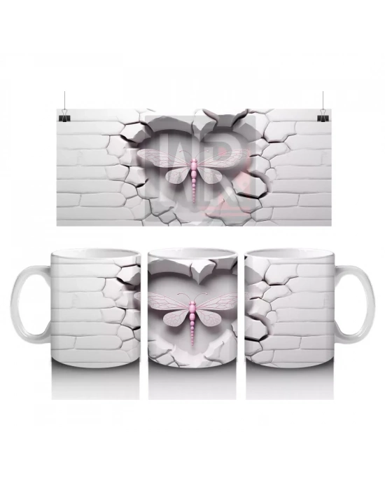 Beyaz Tuğla Zemin Üzerinde Simetrik Yusufçuk – Baskılı Kahve Kupası