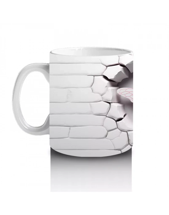 Beyaz Tuğla Zemin Üzerinde Simetrik Yusufçuk – Baskılı Kahve Kupası