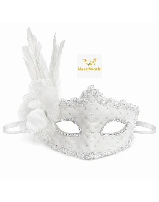 Beyaz Tüylü Venedik Lüks Balo Maskesi