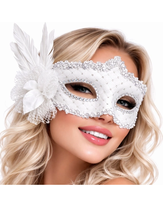 ® Beyaz Tüylü Venedik Lüks Balo Maskesi