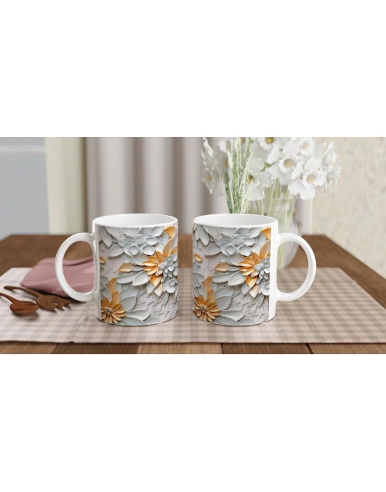 Beyaz ve Altın Detaylı Lüks Çiçek Desenli Kupa Bardak