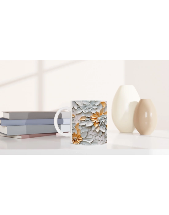 Beyaz ve Altın Detaylı Lüks Çiçek Desenli Kupa Bardak