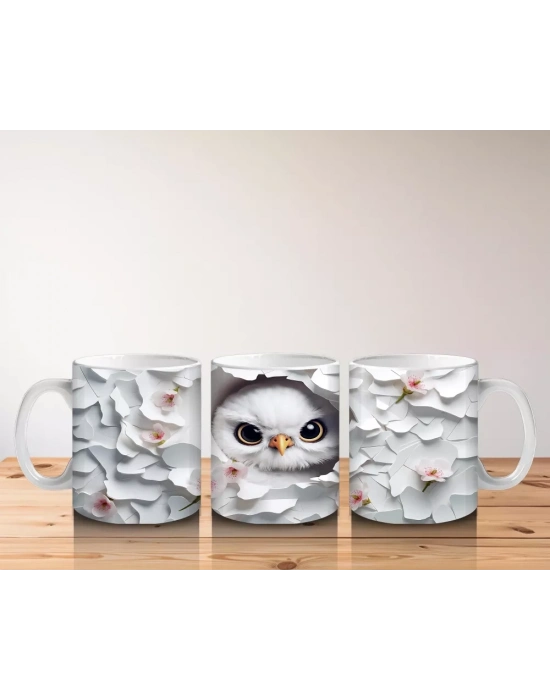 Beyaz Yapraklar Arasında Göz Alıcı Baykuş – Baskılı Kahve Kupası