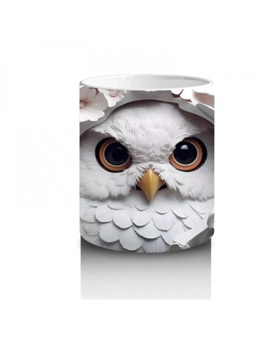 Beyaz Yapraklar Arasında Parlayan Baykuş – Baskılı Kahve Kupası