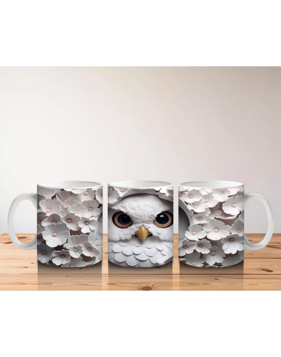 Beyaz Yapraklar Arasında Parlayan Baykuş – Baskılı Kahve Kupası