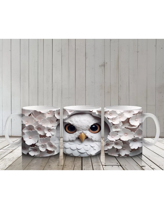 Beyaz Yapraklar Arasında Parlayan Baykuş – Baskılı Kahve Kupası