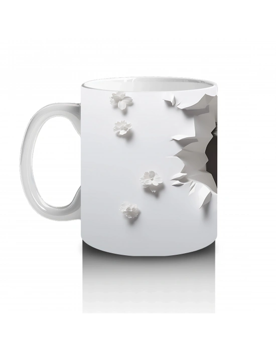 Beyaz Yapraklı Fon Üzerinde Sevimli Yavru – Baskılı Kahve Kupası