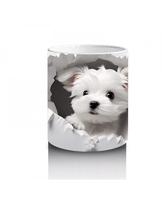 Beyaz Yapraklı Fon Üzerinde Sevimli Yavru – Baskılı Kahve Kupası