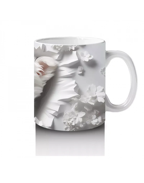 Beyaz Yapraklı Fon Üzerinde Sevimli Yavru – Baskılı Kahve Kupası