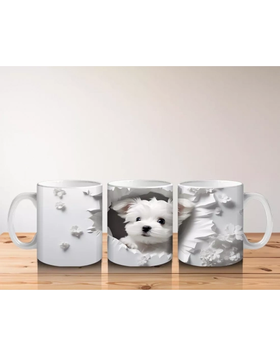 Beyaz Yapraklı Fon Üzerinde Sevimli Yavru – Baskılı Kahve Kupası