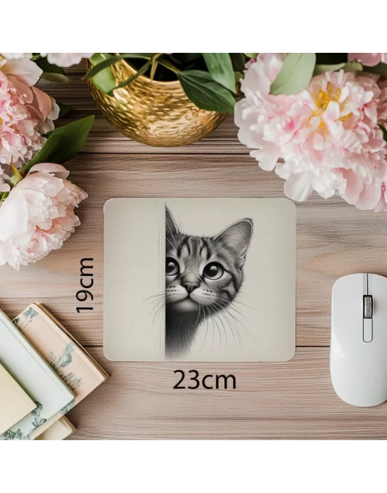 Beyaz Zemin Üzerine El Çizimi Kedi Mousepad - 19x23 cm 2 mm Dikdörtgen İthal Baskılı Mouse Pad