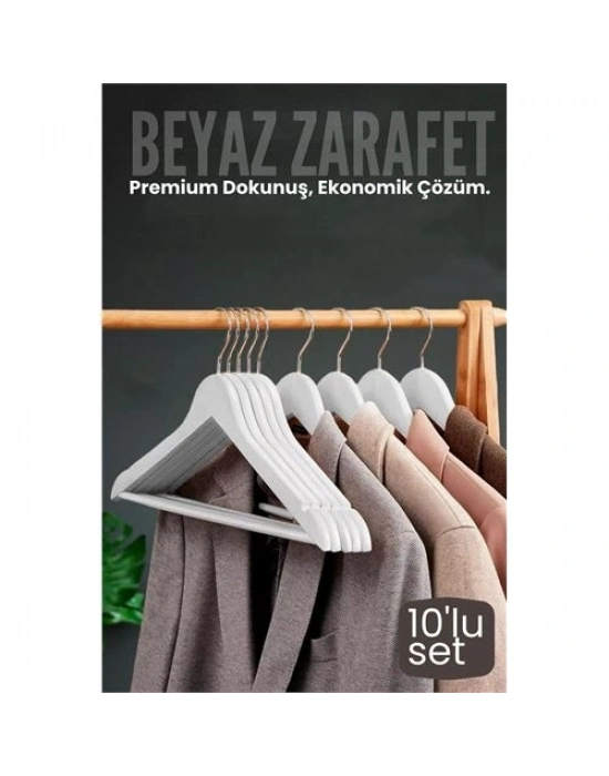 ® 10lu Lüks Beyaz Elbise Ceket Askısı - Ergonomik & Kaymaz Plastik Askı Seti -  Ahşap Görünümlü