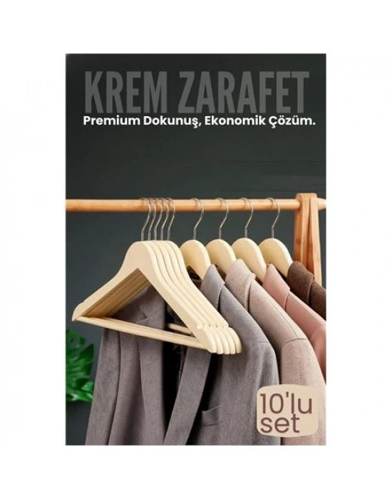 ® 10lu Lüks Krem Elbise Ceket Askısı - Ergonomik & Kaymaz Plastik Askı Seti -  Ahşap Görünümlü