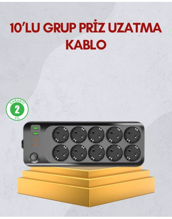 ® 10 Prizli Uzatma Kablosu Termal Koruma USB Type-C Hızlı Şarj 2500W