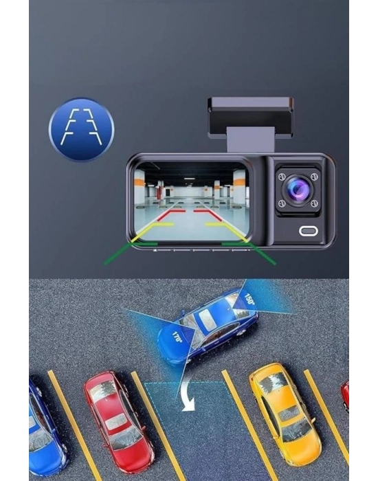 ® 1080P 3 Lensli WİFİ Araç İçi Kameralı Ekran DVR Kaydedici Gece Görüşlü