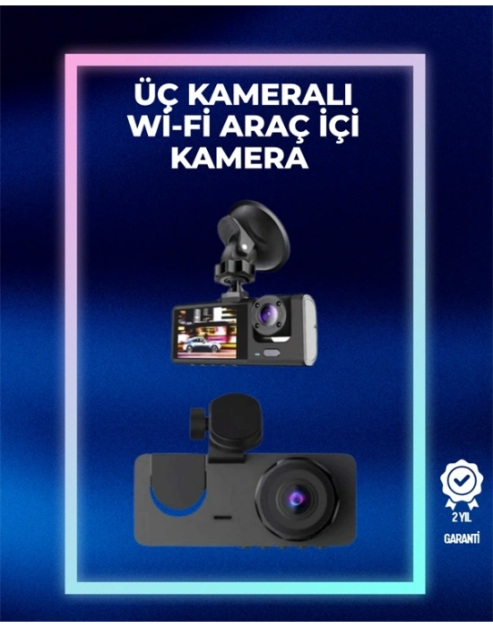 ® 1080p Ön + 720p Arka & İç Kamera – Suya Dayanıklı Araç Güvenlik Kamerası