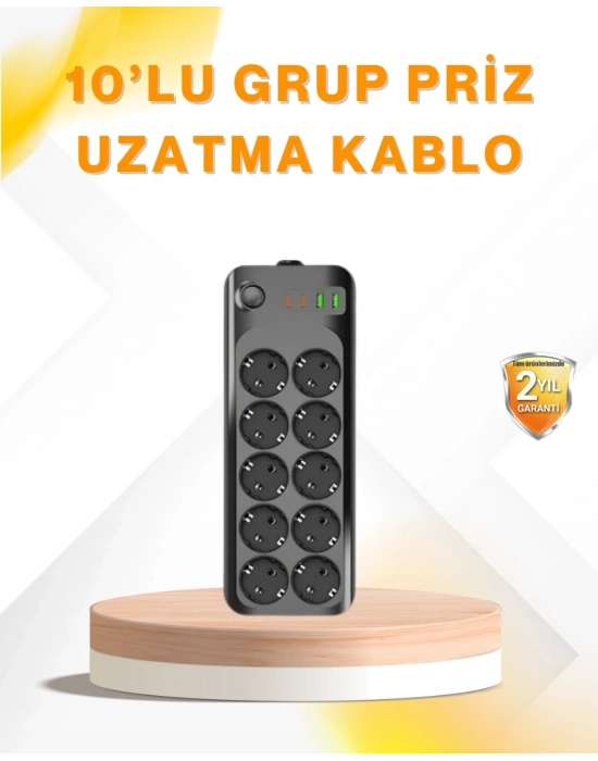® 10’lu Çoklu Priz Termal Korumalı USB Type-C Çıkışlı 2500W Uzatma Kablosu