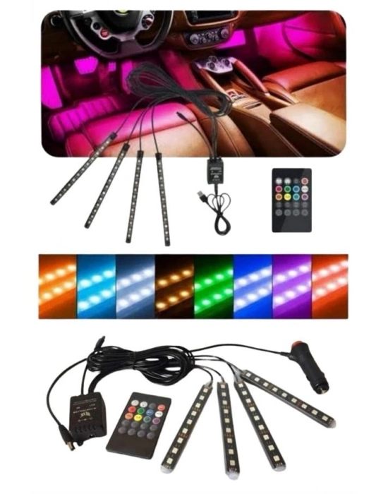® 12 Ledli RGB Işıklı Araç Içi Ayak Altı Led Oto Ampul Kumandalı 7 Renk