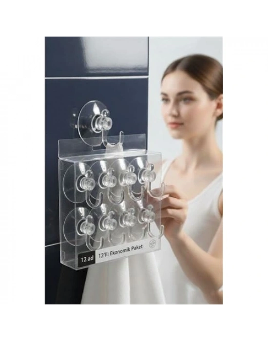 ® 12li Şeffaf Askılı Vantuz Kanca | Banyo & Mutfak Duvar Askısı (4cm) - 1.36kg Taşıma