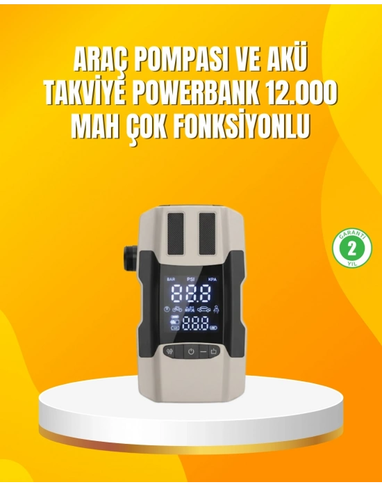 ® 12.000 mAh Akü Takviye Powerbank Dahili Hava Pompalı Dijital Ekranlı