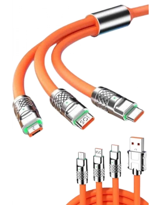 ® 120W 3 İn 1 Uyumlu Silikon Şarj Kablosu Hızlı Şarj Kablosu