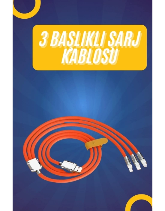 ® 120W Silikon Metal Uçlu LED Işıklı 3 In1 Şarj Kablosu 1.2m
