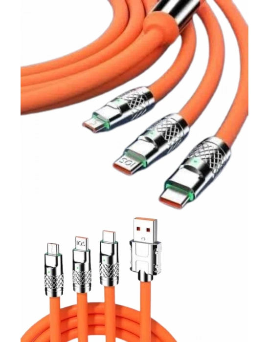 ® 120W Silikon Metal Uçlu LED Işıklı 3 In1 Şarj Kablosu 1.2m