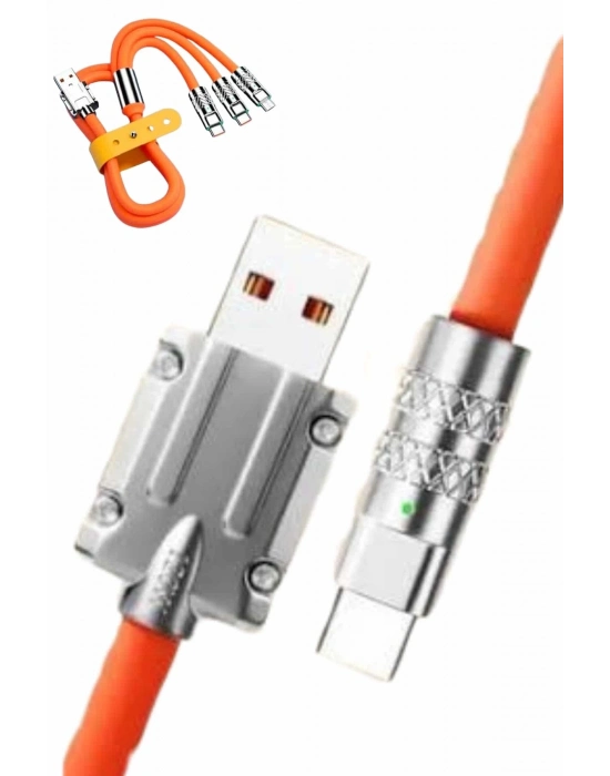 ® 120W Silikon Metal Uçlu LED Işıklı 3 In1 Şarj Kablosu 1.2m