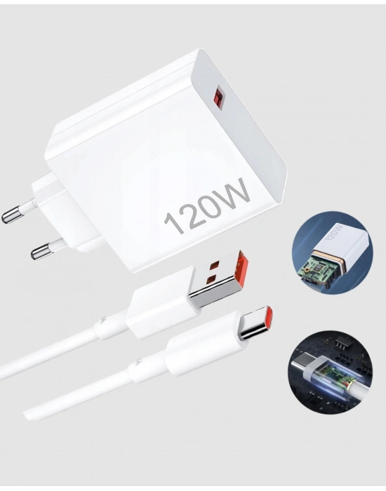 ® 120W Süper Hızlı Şarj Adaptörü – Type-C Kablo Dahil, Yüksek Voltaj Korumalı