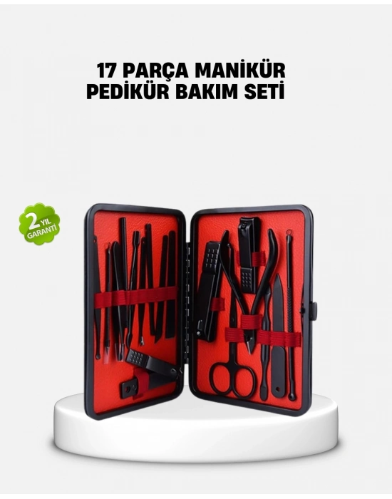 ® 17 Parça Profesyonel Manikür Pedikür Seti Paslanmaz Çelik Siyah Kutu