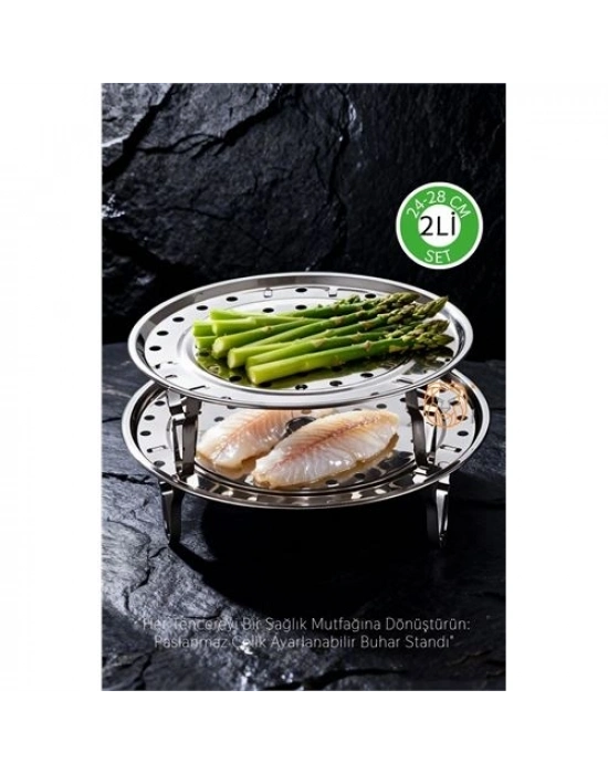 ® 2li Set Inox Çelik Ayaklı Buharlı Pişirme Aparatı -  24+28 cm Çok Amaçlı Tencere İçi Haşlama Standı