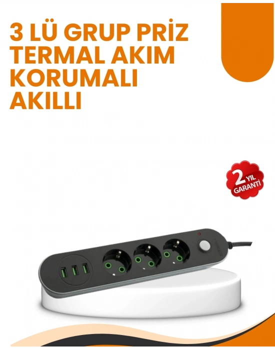 ® 2 Metre Kablolu 3 USB Portlu Anahtarlı Üçlü Priz