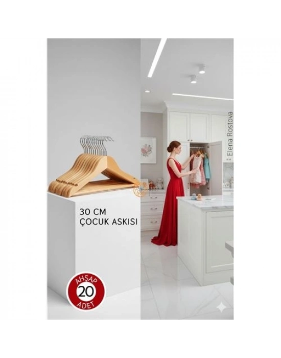 ® 20li Lüks Masif Ahşap Çocuk Askı Seti - Elena Rostova Stil Seçkisi - 30 cm
