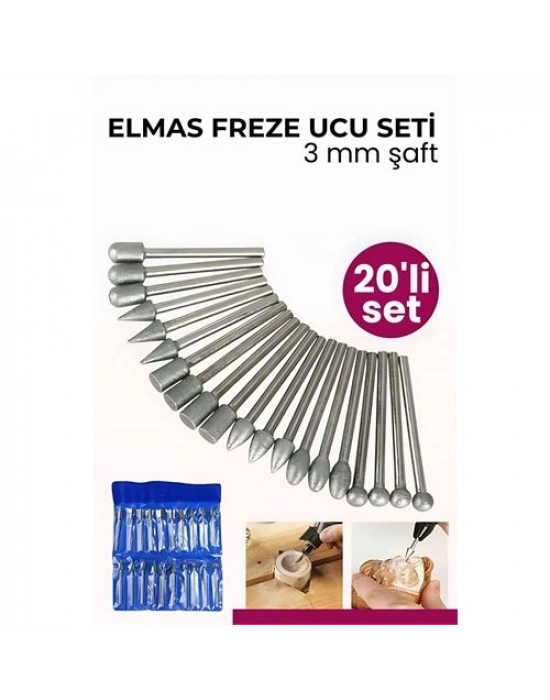 ® 20 Parça Profesyonel Elmas Freze Ucu Seti - 3mm Şaft Gravür, Taş ve Cam İşleme Taşlama Seti