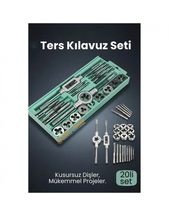 ® 20 Parça Profesyonel Metrik Ters Kılavuz ve Pafta Seti M3-M12 - Hassas Diş Açma ve Onarım Takımı
