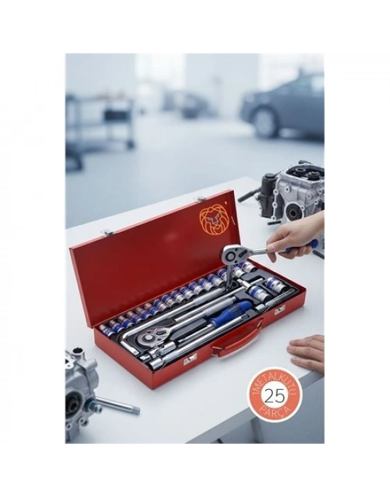 ® 25 Parça Profesyonel Heavy Duty Lokma Takımı - 1/2 Cırcır Kolu ve Çelik Soket Seti (Çantalı)