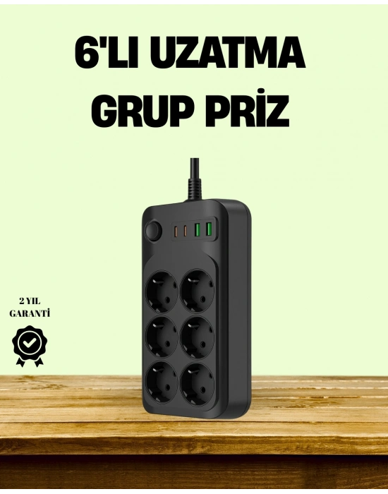 ® 2500W Güçlü 6’lı Priz USB ve Type-C Çıkışlı Termal Korumalı