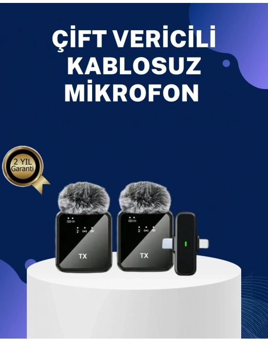 2in1 Kablosuz Yaka Mikrofonu iOS ve Android Uyumlu